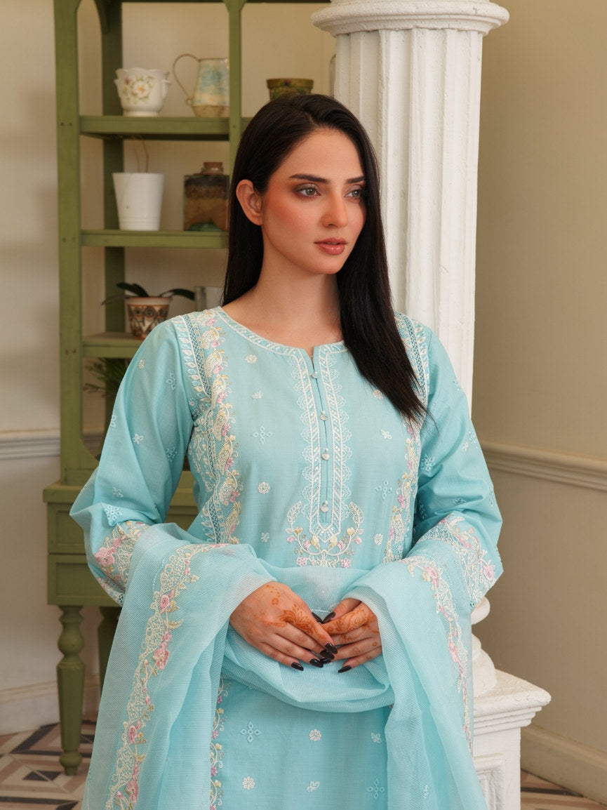 Aqua Blossom Embroidered Cotton Lawn 3-Piece Suit