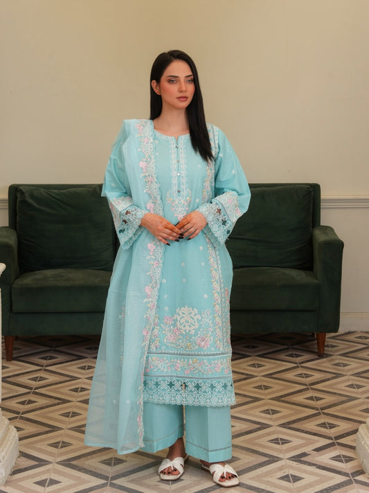 Aqua Blossom Embroidered Cotton Lawn 3-Piece Suit