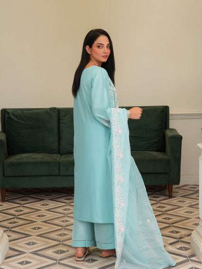 Aqua Blossom Embroidered Cotton Lawn 3-Piece Suit