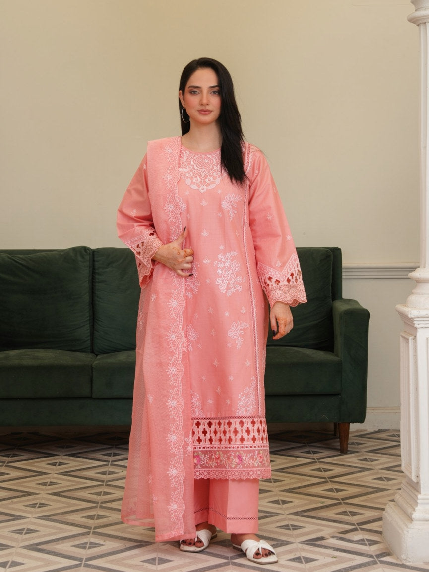 Coral Bloom Embroidered Cotton Lawn 3-Piece Suit