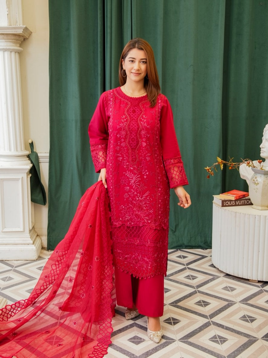 Crimson Red Embroidered Cotton Lawn 3-Piece Suit