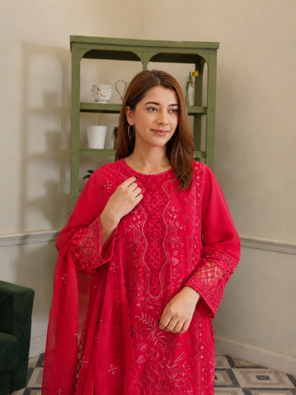 Crimson Red Embroidered Cotton Lawn 3-Piece Suit