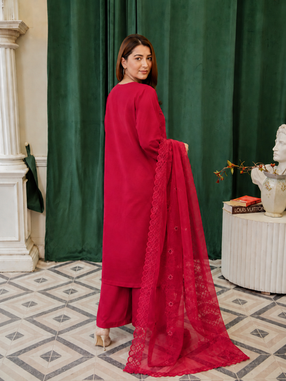 Crimson Red Embroidered Cotton Lawn 3-Piece Suit