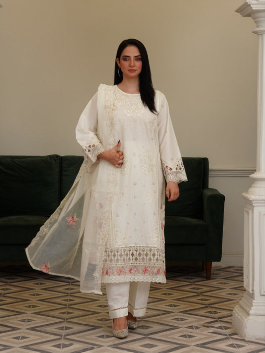 Ivory Blossom Embroidered Cotton Lawn 3-Piece Suit