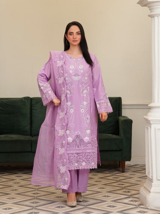 Lavender Blossom Embroidered Cotton Lawn 3-Piece Suit