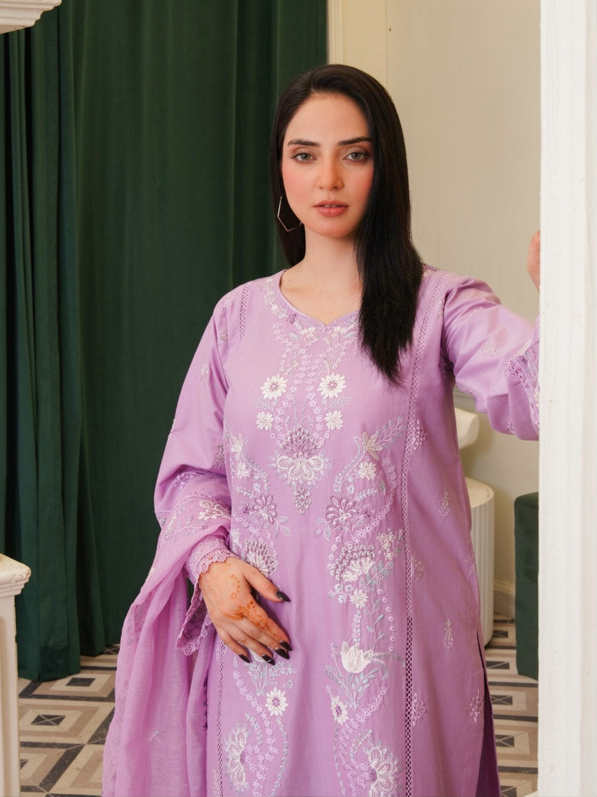 Lavender Blossom Embroidered Cotton Lawn 3-Piece Suit