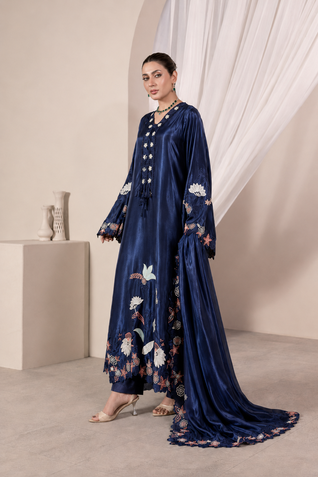 Midnight Sapphire Navy Luxury Farshi Kaftan Set