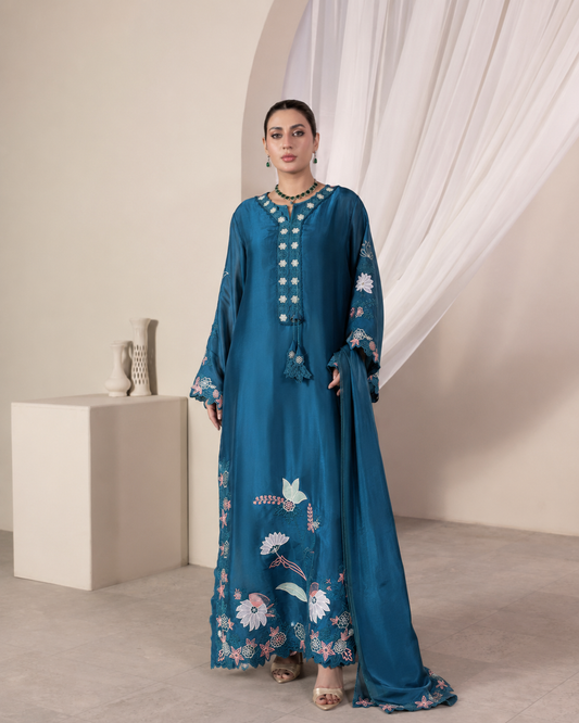 Peacock Teal Blue Luxury Farshi Kaftan Set