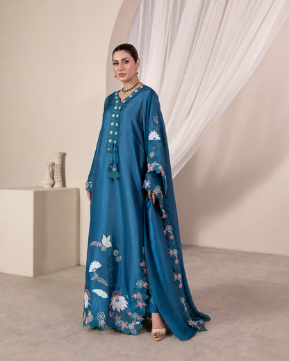 Peacock Teal Blue Luxury Farshi Kaftan Set