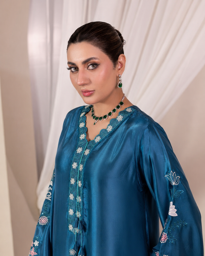 Peacock Teal Blue Luxury Farshi Kaftan Set