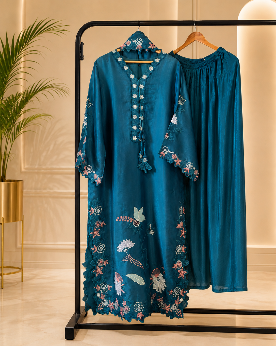 Peacock Teal Blue Luxury Farshi Kaftan Set