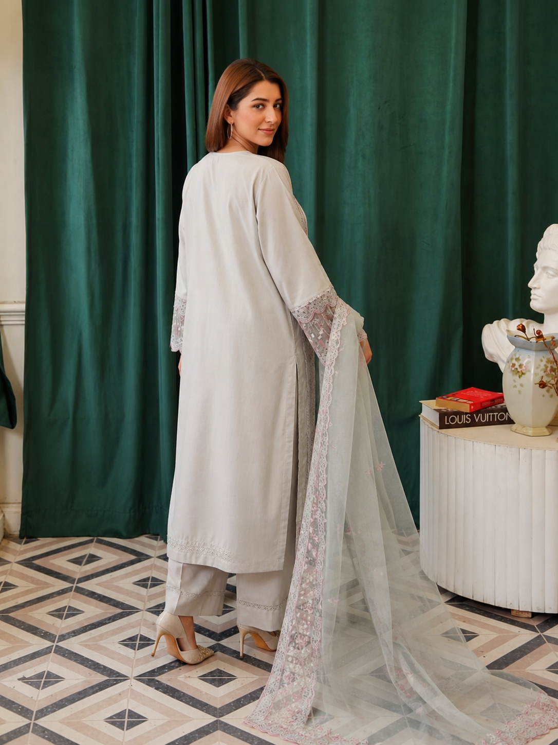 Pearl Grey Embroidered Cotton Lawn 3-Piece Suit