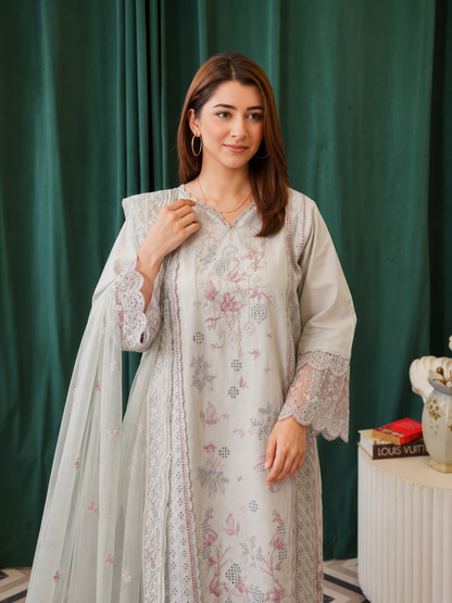 Pearl Grey Embroidered Cotton Lawn 3-Piece Suit