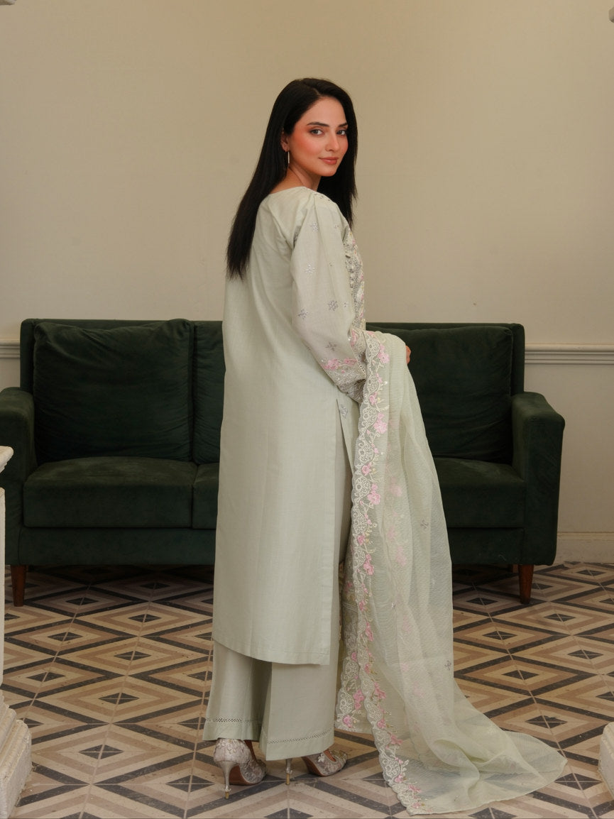 Sage Blossom Embroidered Cotton Lawn 3-Piece Suit