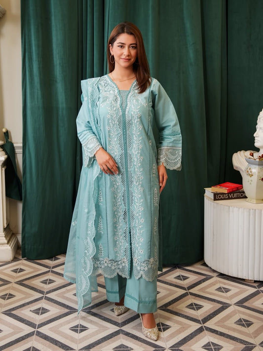 Seafoam Blue Embroidered Cotton Lawn 3-Piece Suit