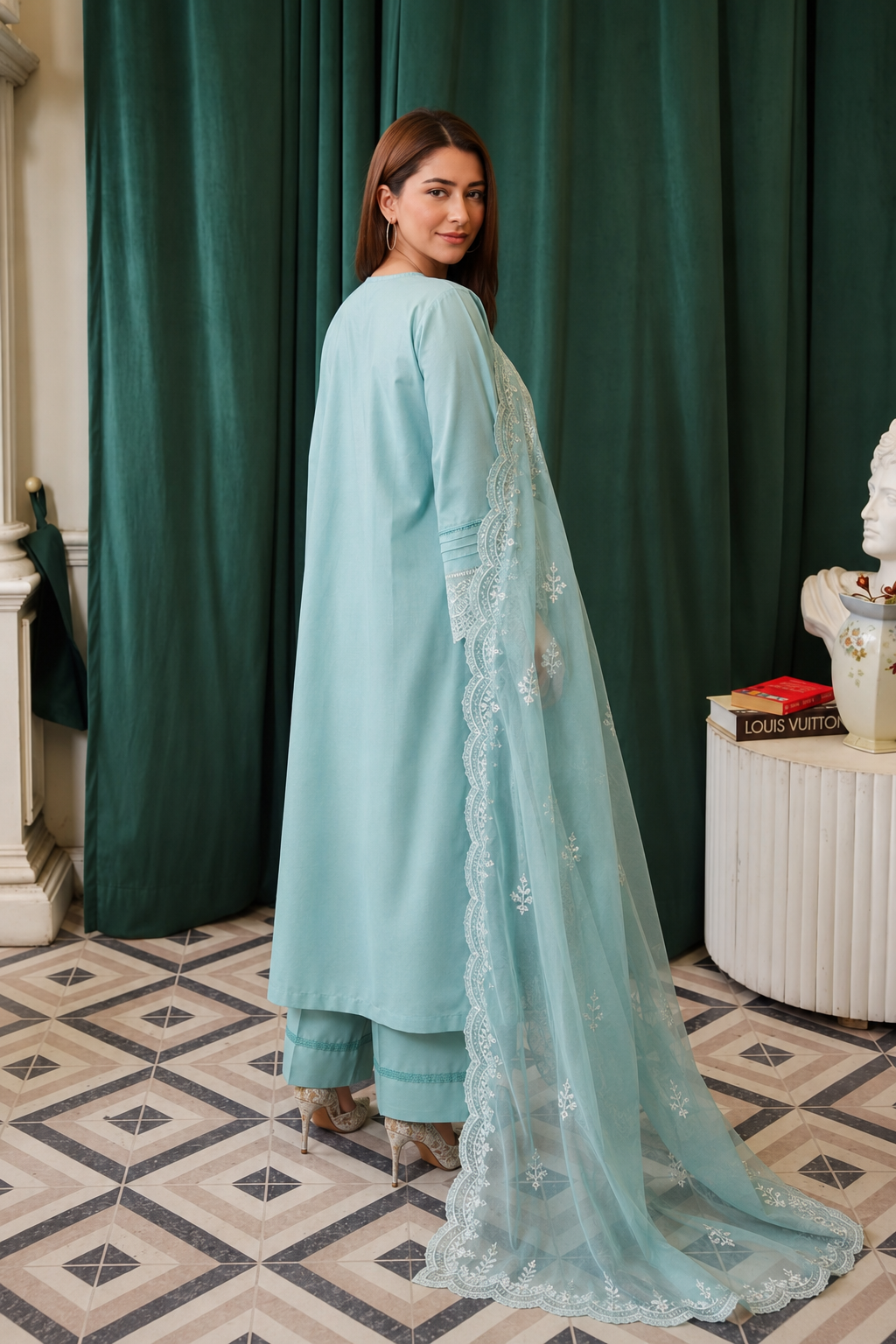 Seafoam Blue Embroidered Cotton Lawn 3-Piece Suit
