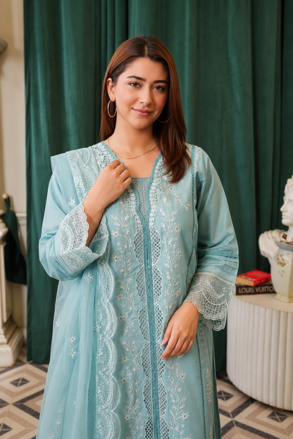 Seafoam Blue Embroidered Cotton Lawn 3-Piece Suit