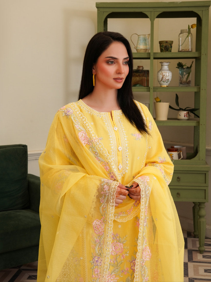 Yellow Blossom Embroidered Cotton Lawn 3-Piece Suit